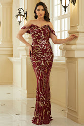 Elegante vestido de noche formal de sirena con hombros descubiertos en rojo